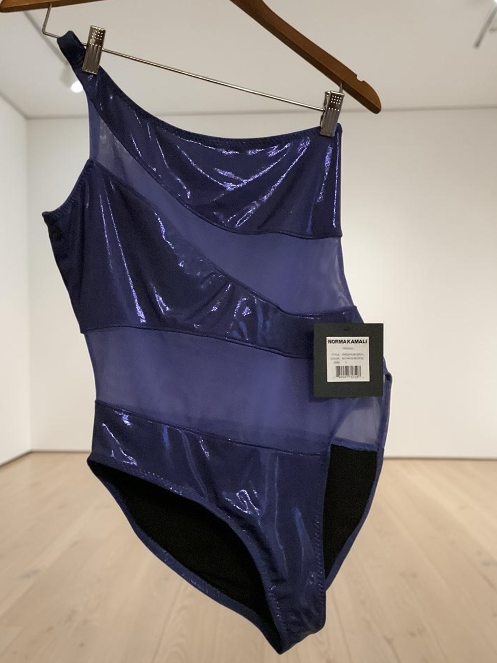 NWT Norma Kamali Snake Mesh Mio One Shoulder Swimsuit L Blue